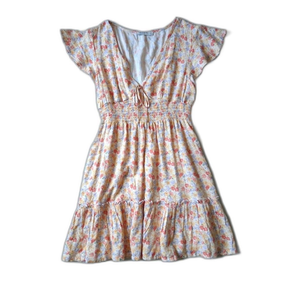 Arizona Jean Co. Multicolor Floral Print Short Flutter Sleeve V-Neck Dress Large